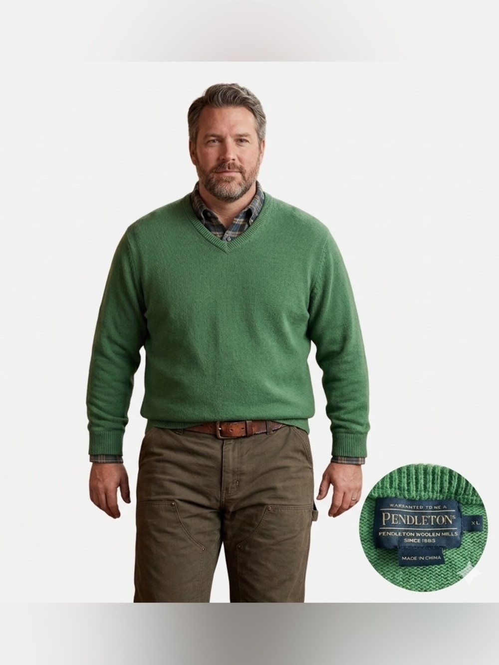 Pendleton Classic Green cotton & cashmere V-Neck Sweater